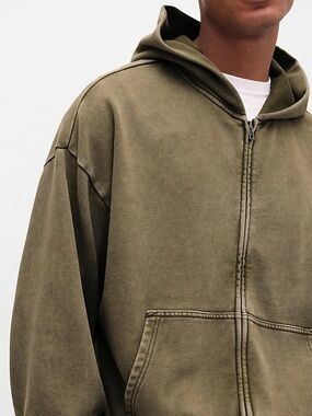 GAP Unisex Heavyweight Oversized Zip Hoodie in Washed Olive